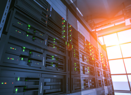 Server units in cloud service data center showing flickering light indicators for massive data connection bandwidth, close up shot.