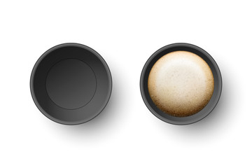 Vector 3d Realistic Black Disposable Opened Paper, Plastic Coffee, Tea Cup for Drinks Icon Set Closeup Isolated on White Background. Design Template, Mockup. Top View