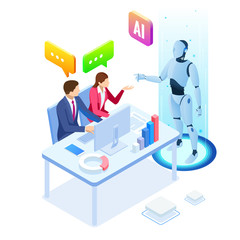 Obraz na płótnie Canvas Isometric man and woman with robot artificial intelligence working , robot working with virtual display. RPA, artificial intelligence, robotics process automation