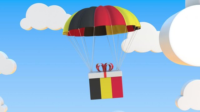 Box with national flag of Belgium falls with a parachute. Loopable conceptual 3D animation