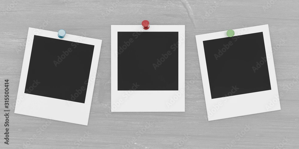 Poster three square blank empty photocards pinned on grey wall background 3d render illustration