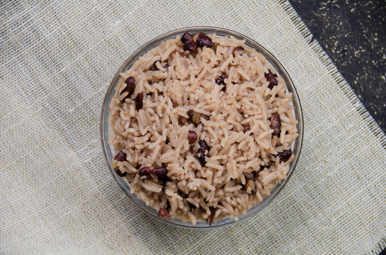 Flat view of rice with red beans in a pot. Top view of a pot with moros and cristianos also known as congri rice or gallo pinto at latin america