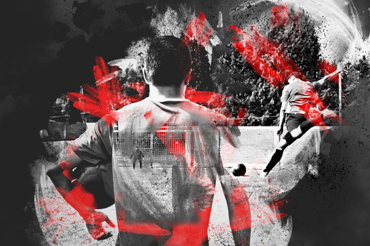 double exposure of a soccer player holding a ball, soccer player preparing to kick the ball