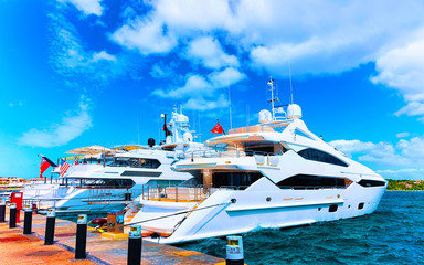 Scenery with Marina and luxury yachts at Mediterranean Sea of Porto Cervo in Sardinia Island of...