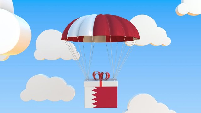 Box with national flag of Bahrain falls with a parachute. Loopable conceptual 3D animation