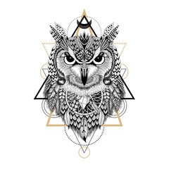 Hand drawn detailed Owl in aztec (ethnic) style