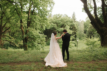 Back view of groom and bride walking in the forest