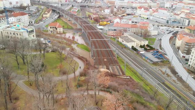 Aerial View on Railway Lines After Tunnel Under Vitkov Hill, Prague, Czech Republic