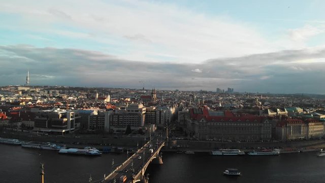 Prague, Czech Republic. Aerial View on Traffic on Svatopluk Cech Bridge Over Over Vltava River and Overview of University Buildings and Old Town