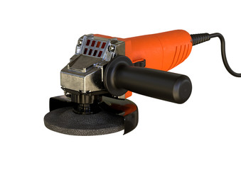 Compact angle grinder isolated over white background. Equipment used by woodworkers and locksmiths