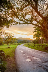 Lonely road and sunset at the beautiful Viñales valley in Cuba