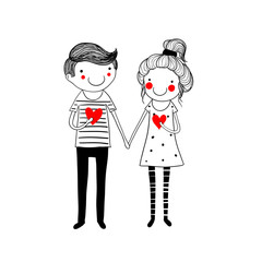 Cute doodle couple holding hands with hearts