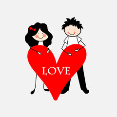 Cute doodle couple holding big heart
