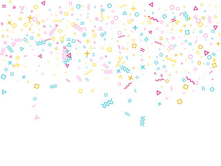 Geometric confetti background with triangle, circle, square shapes, chevron and wavy lines