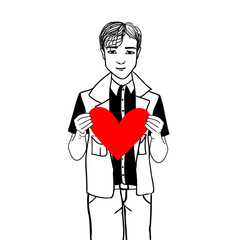 Trendy single man, holding heart in his hands