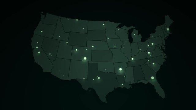 Cinematic United States Map with flickering lights. Night view military scientific map rotates. Animated hud map 