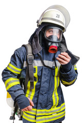 young firefighter in uniform using protective breathing mask on his head.