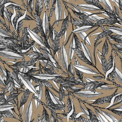 Texture with hand drawn black and white oliv branches and leaves in craft brown background . Ideal for printing on fabric or paper. floral ornament