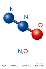 Nitrous oxide, N2O, laughing gas, molecule model and chemical formula. Dinitrogen monoxide is a colorless gas. Ball-and-stick model, geometric structure and structural formula. Illustration. Vector.