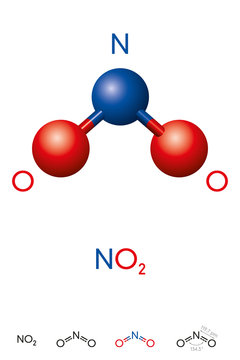Nitrogen dioxide, NO2, molecule model and chemical formula. Nitrogen(IV) oxide or  Deutoxide of nitrogen. Ball-and-stick model, geometric structure and structural formula. Illustration. Vector.