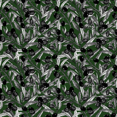 Olive branch seamless pattern. Natural Hand drawn green background. Design with olives for olive oil or cosmetics products. Black and white botanical sketch