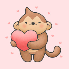 Cute monkey holding heart cartoon hand drawn style