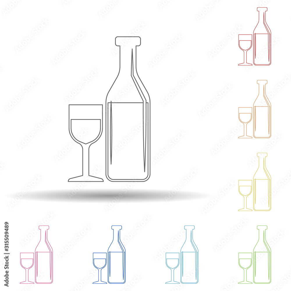 Poster bottle of wine and glass in multi color style icon. simple thin line, outline vector of resturant ic