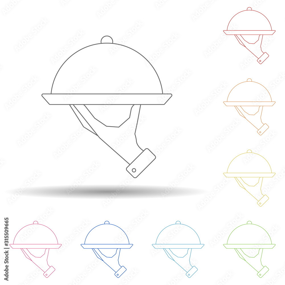 Poster Waiter's arm and tray in multi color style icon. Simple thin line, outline vector of resturant icons for ui and ux, website or mobile application