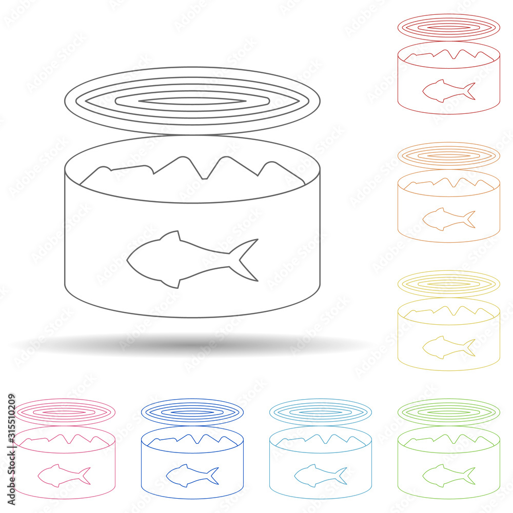 Poster canned fish in multi color style icon. simple thin line, outline vector of resturant icons for ui an
