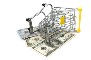 shopping cart full of usa banknotes isolated on white. Concept: loan, investment, pension, saving...