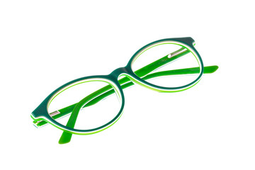 Glasses isolated on white background. Front view green glasses reading transparent in round frame,...
