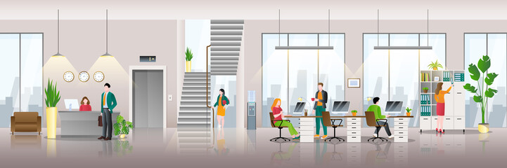 Modern business center interior background. People at work in office. Vector flat illustration of creative workspace - 315510283