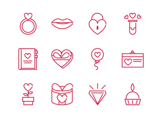 happy valentines day romantic passion love icons set red line design