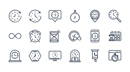 time clock timer hour date linear design set icons