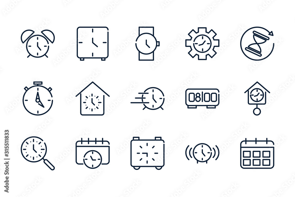 Poster time clock timer hour date linear design set icons