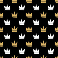 Crown Seamless Pattern, hand drawn royal doodles background, Vector Illustration