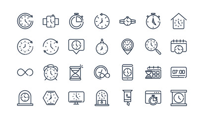 time clock timer hour date linear design set icons