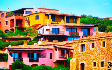 Fototapeta na wymiar Cottage and scenery in Porto Cervo on Sardinia Island of Italy in summer. Villa and Landscape View on Sardinian town in Sardegna. Olbia province. Mixed media.