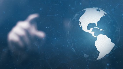 Businessman type on digital computer hologram screen with Earth globe and artistic blurry lines. Animation background. - Powered by Adobe