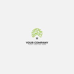 root and home logo, green house and root logo design
