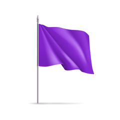 Purple rectangular flag on flagpole isolated on white background. Realistic expo banner for outdoor presentation, exhibition or sport competition. Product advertising and promotion vector illustration