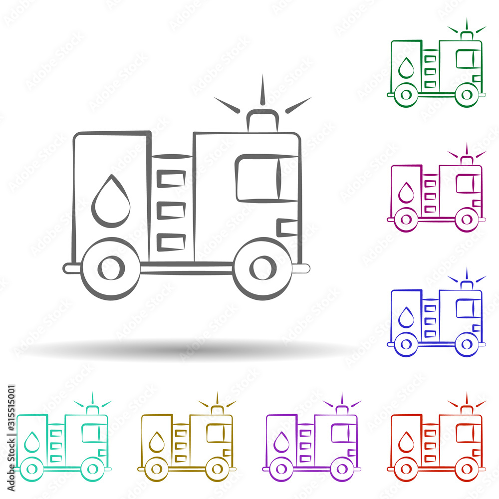 Poster firefighter, fire truck in multi color style icon. simple thin line, outline vector of firefighter i