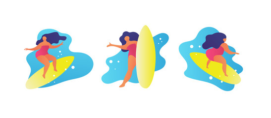 Flat woman surfing waves cartoon summer trendy people