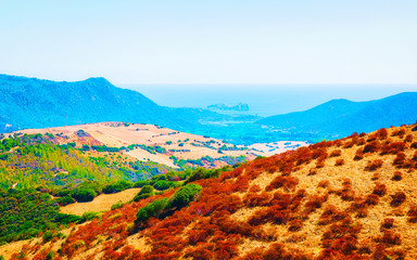 Landscape and Beautiful Scenery of Mediterranean Sea in Teulada, Carbonia-Iglesias. Panorama in...