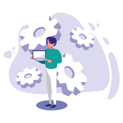 Digital laptop gears and man vector design