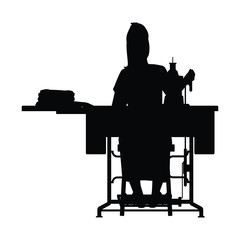Female dressmaker with sewing machine silhouette vector