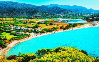 Landscape of Chia Beach and Blue Waters of the Mediterranean Sea in Province of Cagliari in South Sardinia in Italy. Scenery and nature. Mixed media.