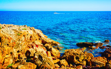 Landscape of Chia Beach and Blue Waters of the Mediterranean Sea in Province of Cagliari in South...