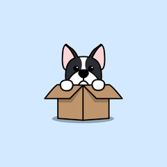 Cute boston terrier dog in the box cartoon icon, vector illustration