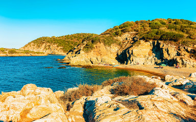 Landscape of Chia Beach and Blue Waters of the Mediterranean Sea in Province of Cagliari in South...